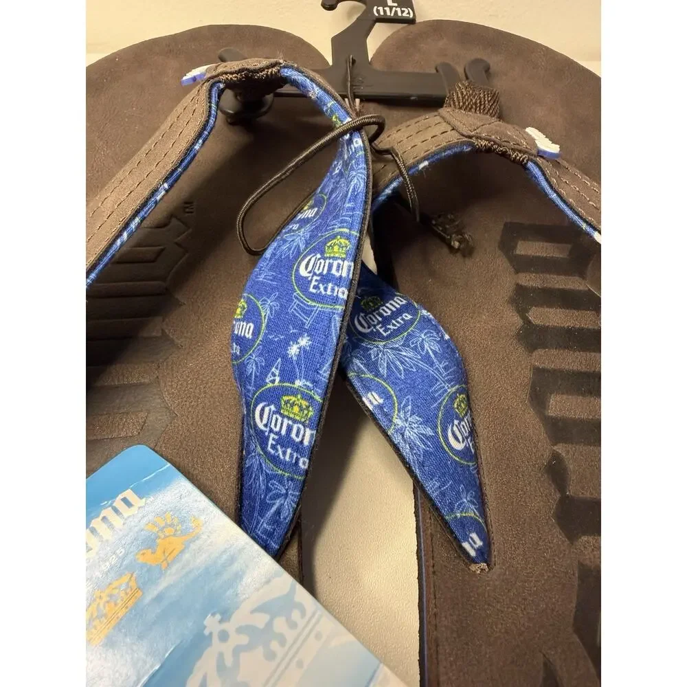 NWT Corona Extra Mens Flip Flops Sandals Size L 11 12 Brown Blue NEW Vacation
